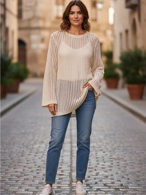 Frame Denim Open-Knit Cream Long Sleeve Dress